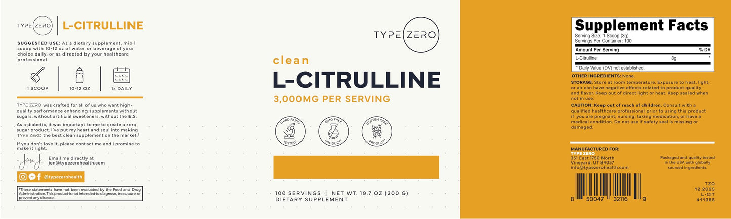 Type Zero L-Citrulline Base Powder, 3,000mg Per Serving - 100 Servings Type ZeroBuy Supplements Australia
