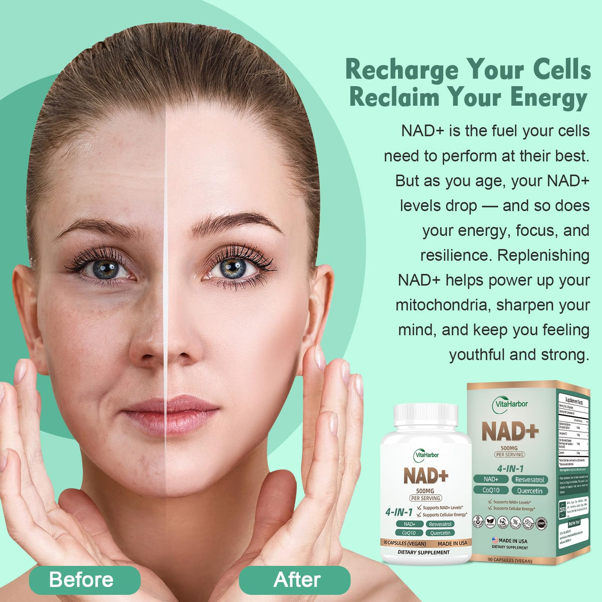 NAD Supplement 500mg, Pure Organic NAD+ Supplement for Women & Men, NAD+ with Trans-Resveratrol & CoQ10 & Quercetin for Cellular Energy & Healthy Aging, NMN Alternative (90 Vegan Caps) VitaHarborBuy Supplements Australia