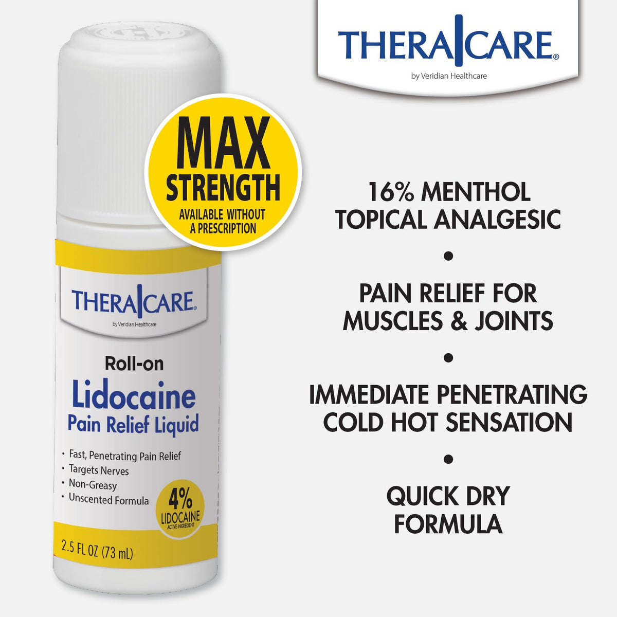 TheraCare 4% Lidocaine Roll-On | OTC Strength | Pain Relief Liquid | 2.5 oz. 73 mL | Non-Greasy, Unscented Formula | Topical Anesthetic Thera CareBuy Supplements Australia