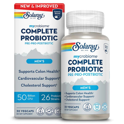 SOLARAY Mycrobiome Complete Probiotic Men's Formula - Pre and Probiotics for Men Plus Postbiotic - Digestive Health and Immune Support - 50 Billion CFU, 26 Strains - Vegan - 30 Servings, 30 VegCaps SOLARAYBuy Supplements Australia