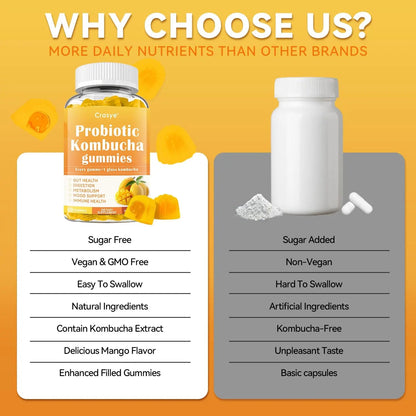 Crasye Probiotic Kombucha Gummies Sugar Free Prebiotic Postbiotic Probiotics Gummies with Slippery Elm for Women and Men Bloating Gut Health Immune and Digestive Support - 60 Gummies - 30 Servings CrasyeBuy Supplements Australia