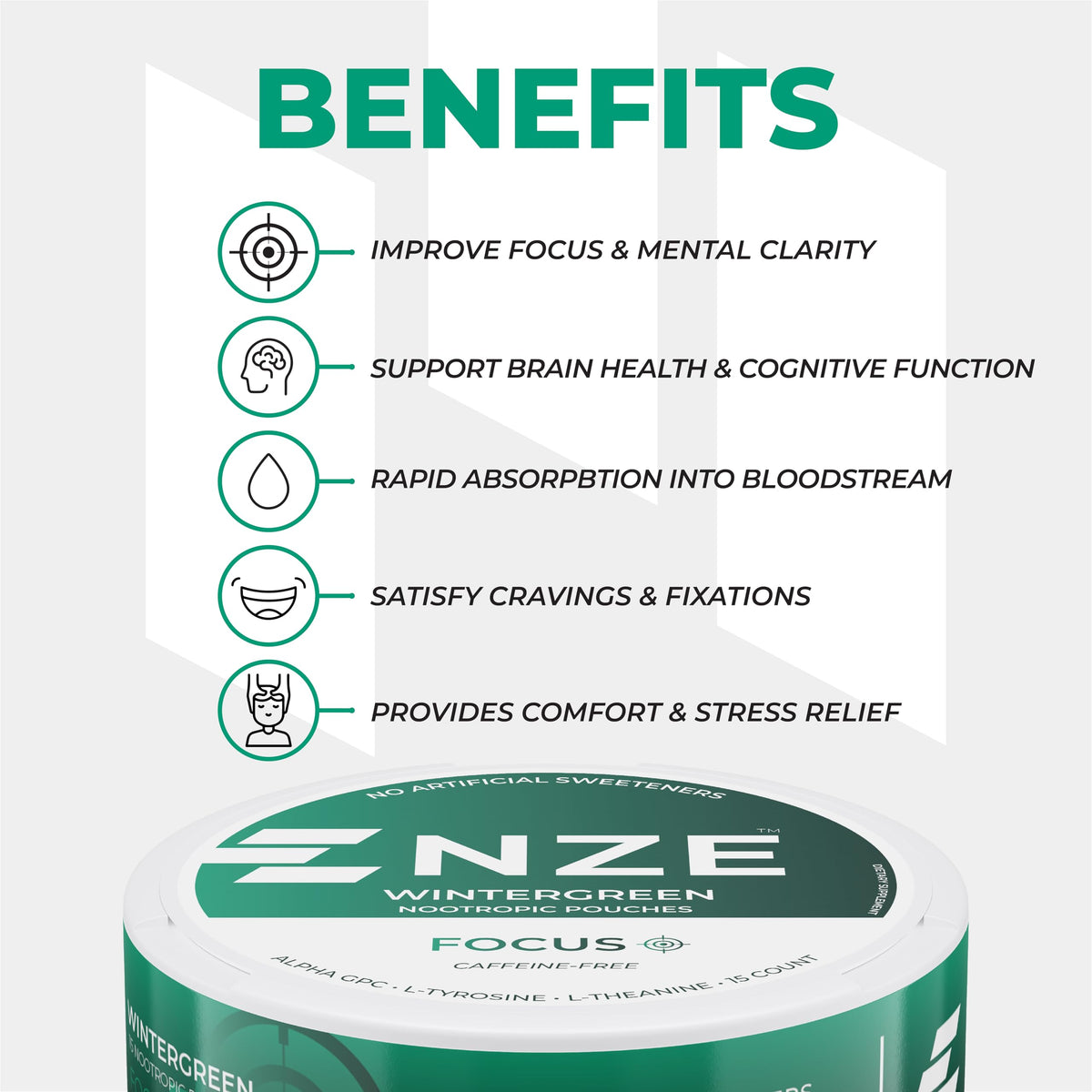 NZE Caffeine Free Nootropic Pouches (Wintergreen) - Nootropic Pouches with Alpha GPC, L-Tyrosine & L-Theanine - No Sugar or Artificial Sweeteners - 15 Pouches Per Can - 5 Pack NZEBuy Supplements Australia