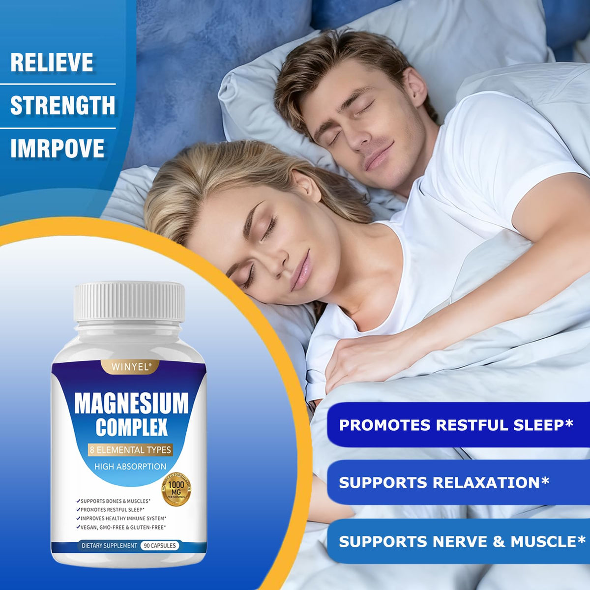 Magnesium Complex Supplement 8 Elemental 1000mg | Magnesium Supplement with Glycinate, Malate, Citrate | Sleep, Relaxation, Bone & Muscle | Vegan 90 Capsules WINYEL buy supplements Au