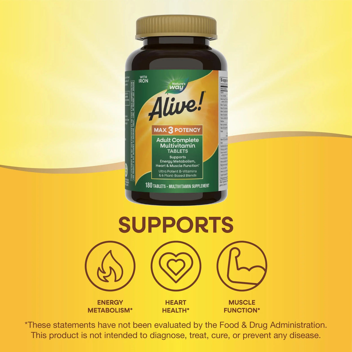 Nature's Way Alive! Max3 Potency Daily Multivitamin, Methylated B12 and Folate, Ultra Potency B-vitamins to Support Energy Metabolism*, 180 Tablets Nature's WayBuy Supplements Australia