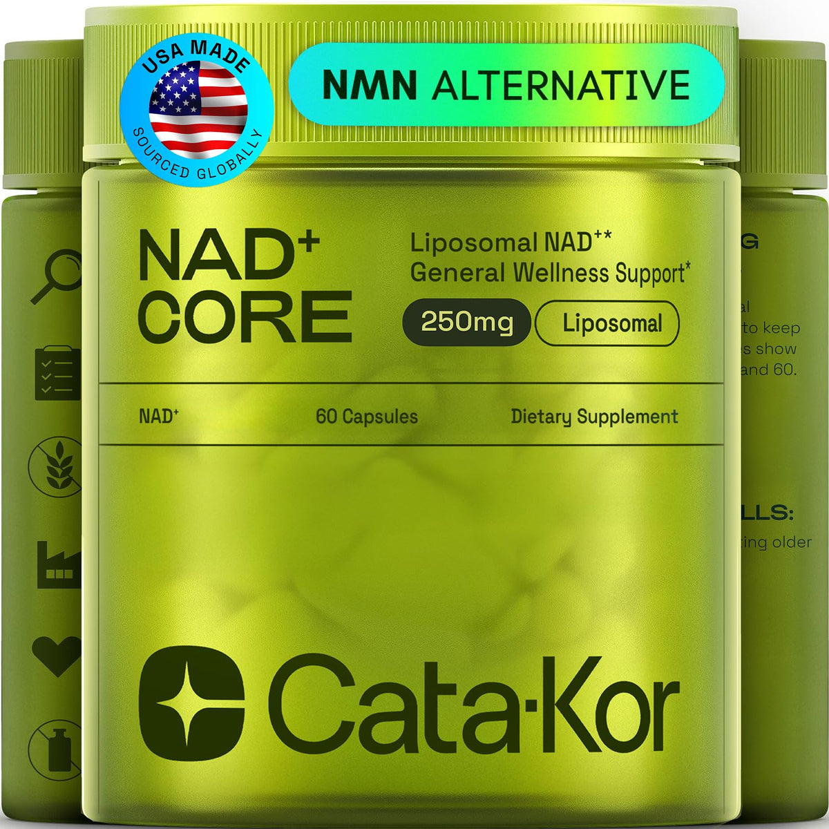 Green supplement container labeled 'NAD+ Core' by Cata-Kor with 'NAN Alternative' text.