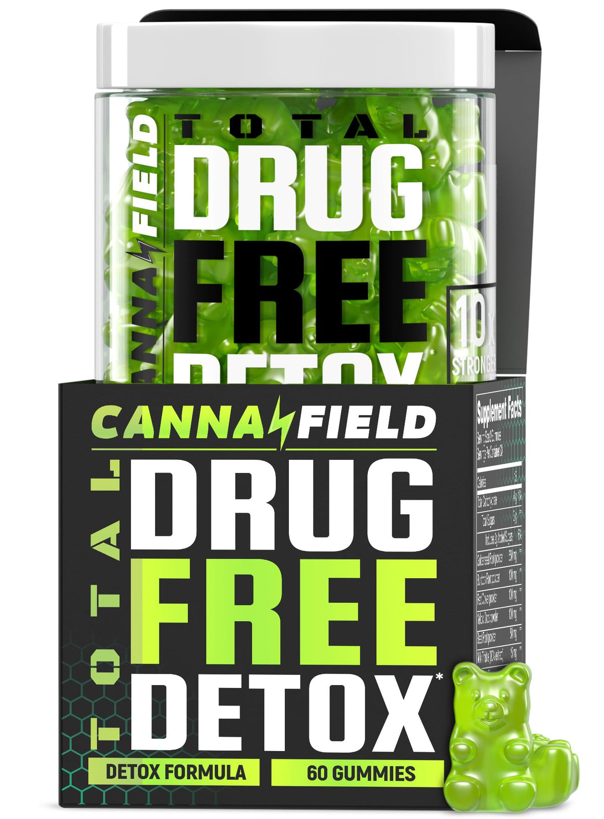 CannaField Total Drug Free Detox gummy supplement packaging with green and black design.