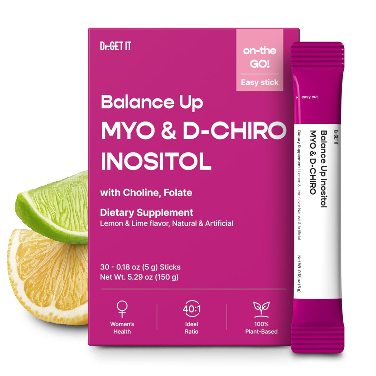 Dr.GET IT Balance Up Inositol 40:1 Myo & D-Chiro with Folate & Choline – Hormone Balance & Reproductive Health Support for Women – Lemon Lime Stick Powder, 30 Servings Dr.GET ITBuy Supplements Australia