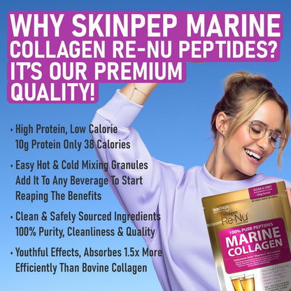 Premium Hydrolysed Marine Collagen Peptide Powder + VIT C, B Complex Hyaluronic Acid, & Stevia. Delicious Taste/No Fishy Smell - SkinPep® Collagen Re-Nu 300g - 30 Days Supply SkinPepBuy Supplements Australia