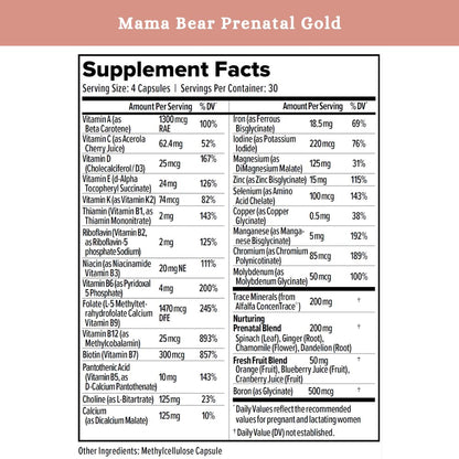 SPRIGS Mama Bear Prenatal Gold Multivitamin with Choline and Methylated Folate for Pregnancy Support Easy to Digest Prenatal Vitamins SPRIGSBuy Supplements Australia