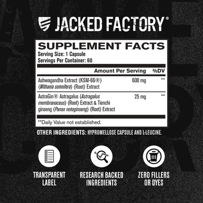 Jacked Factory Ashwagandha Root Extract (KSM-66 Ashwagandha) w/ 5% Withanolides - Supplement for Natural Stress Relief, Cognitive Function, Vitality, and Mood Support - 60 Veggie Capsules Jacked FactoryBuy Supplements Australia