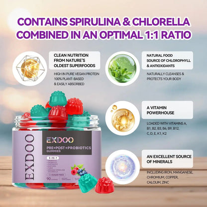 exdoo 3-in-1 Probiotic Gummies Prebiotic+Probiotic+Postbiotic with Organic Spirulina Chlorella Immune Gut & Digestive Support 90 Count exdooBuy Supplements Australia