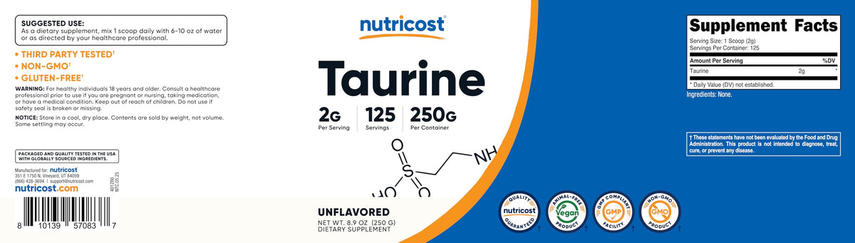 Nutricost Taurine Powder 250 Grams - 125 Servings, 2000mg Per Serving NutricostBuy Supplements Australia