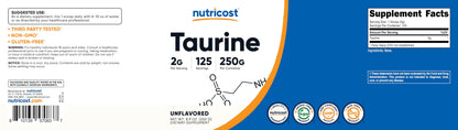 Nutricost Taurine Powder 250 Grams - 125 Servings, 2000mg Per Serving NutricostBuy Supplements Australia