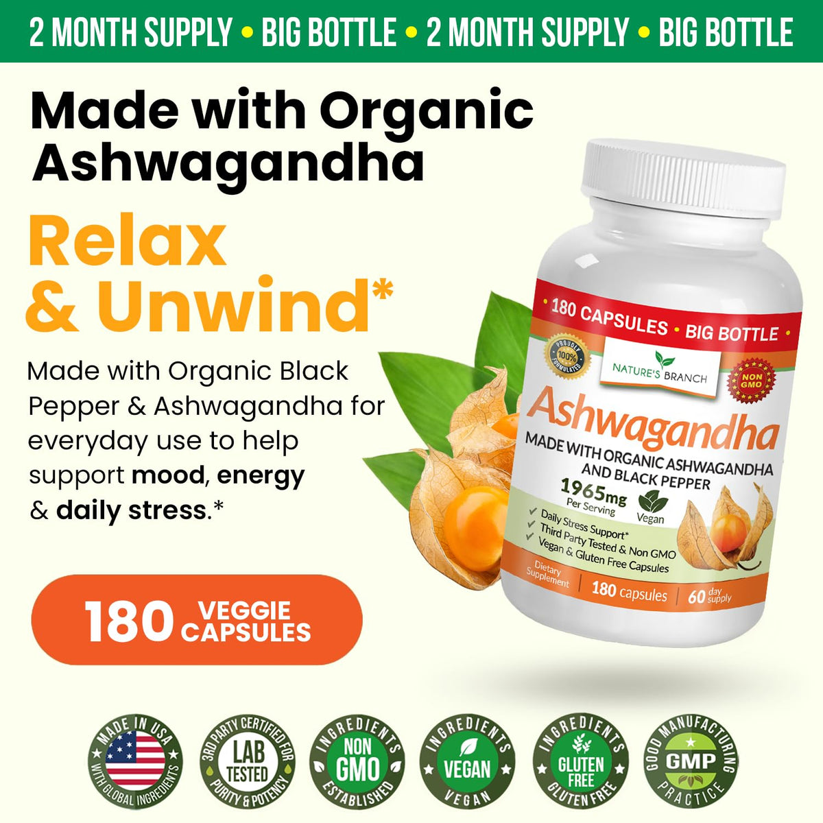 UDAF Certified Organic Ashwagandha with Black Pepper, 1965mg - Extra Strength for Stress, Sleep, Mood, Thyroid, Energy, Hair, Vegan Pure Root Extract Powder Supplement for Men and Women | 180 Capsules NATURE'S BRANCHBuy Supplements Australia