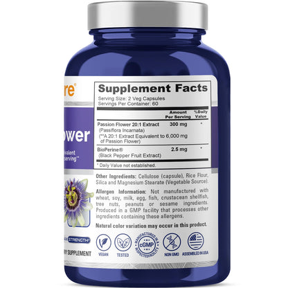 NusaPure Passion Flower 20:1 Extract, 300 mg Equivalent to 6,000mg, 120 Veggie Caps, Non-GMO, Bioperine, & Vegan Extract Supplement NusaPureBuy Supplements Australia