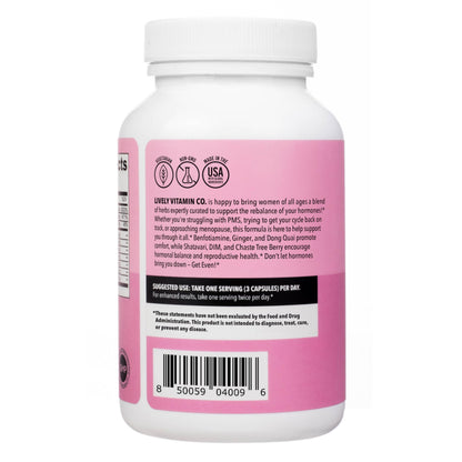 LIVELY VITAMIN CO. Get Even - Women's Hormonal Balance Blend - Helps Reduce Severity of Periods, PMS & Menopause - Eases Cramps & Bloating - Mood Regulation - Period Pain & Discomfort - 90 Count LIVELY VITAMIN COBuy Supplements Australia