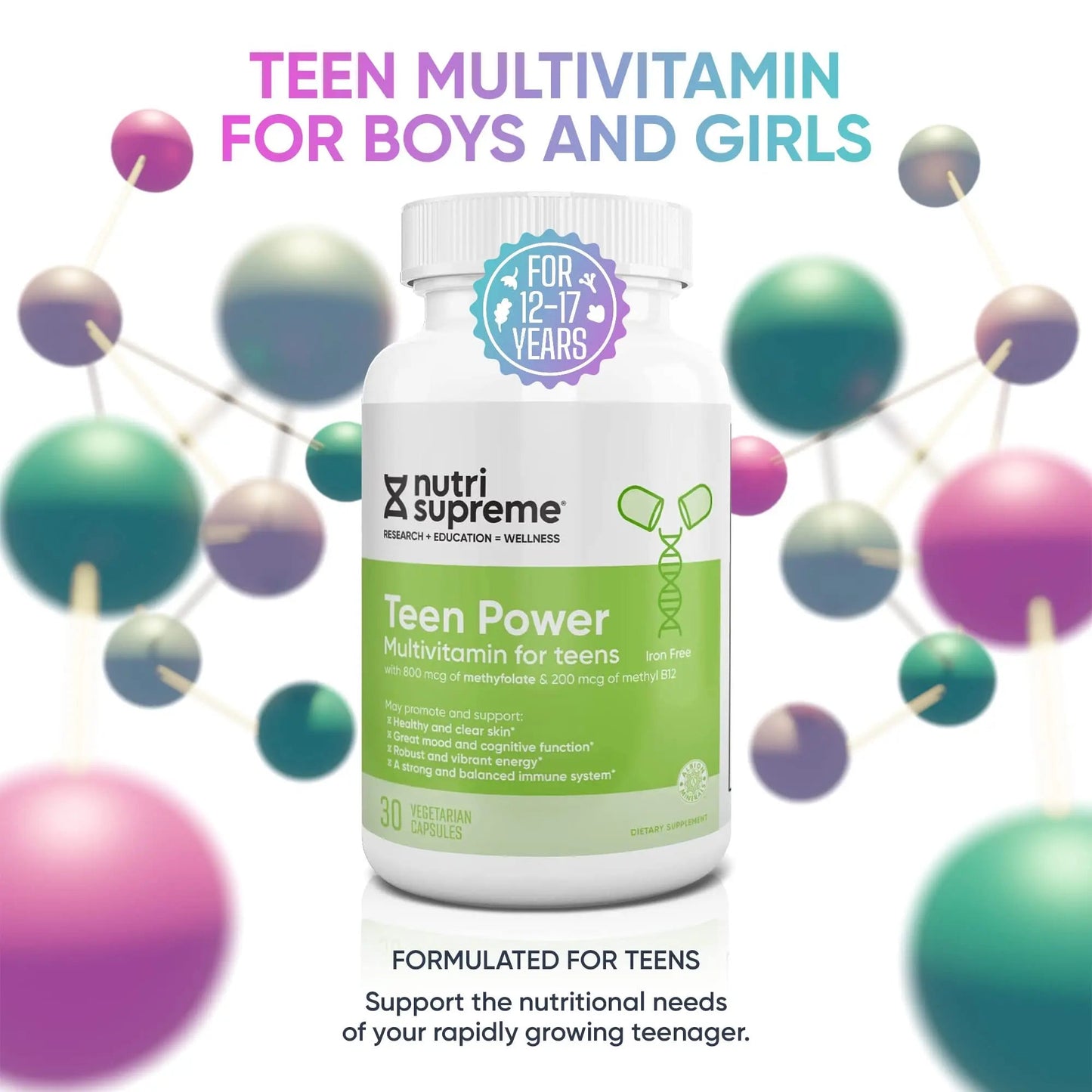 Nutri Supreme Teen Multivitamin for Boys and Girls 12-17, Best Kosher One Per Day Teen Vitamins, Formulated for Teen Development NUTRI-SUPREME RESEARCH