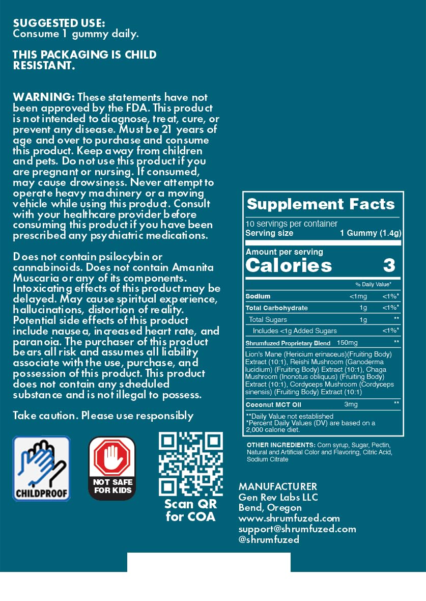 Shrumfuzed Miniz - Proprietary Nootropic Gummy 3200mg - Lion's Mane, Reishi, Chaga, Cordycep, and Proprietary Nootropic Mushroom Blend (10pk, Assorted) ShrumfuzedBuy Supplements Australia