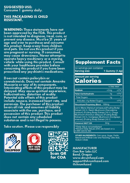 Shrumfuzed Miniz - Proprietary Nootropic Gummy 3200mg - Lion's Mane, Reishi, Chaga, Cordycep, and Proprietary Nootropic Mushroom Blend (10pk, Assorted) ShrumfuzedBuy Supplements Australia