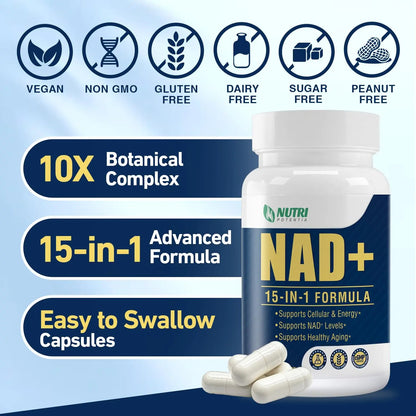 NAD+ Supplement-NMN Upgrade Alternative,NAD Resveratrol Supplement 15-in-1 CoQ10 for Man & Women–Third-Party Tested(Made & Tested in USA).Supports Cellular Energy,Healthy Aging-Non-GMO - 60 Capsules NUTRI POTENTIABuy Supplements Australia