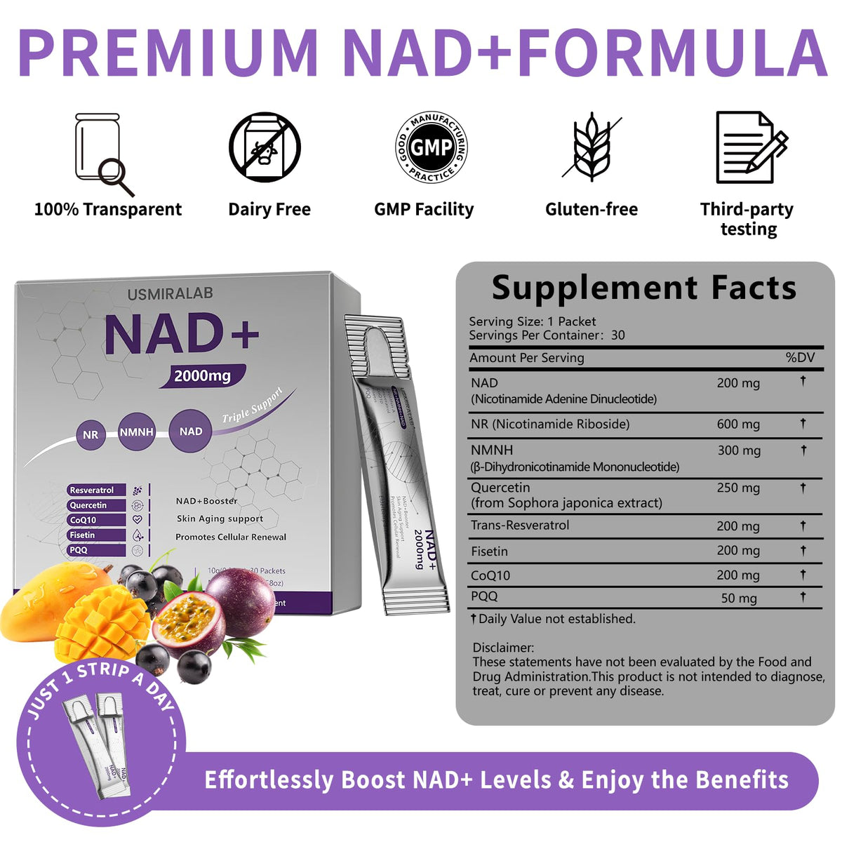 NAD+ Supplement Packets | 1000mg Liquid | Advanced Nicotinamide Riboside, Trans-Resveratrol, PQQ & Quercetin Complex for Cellular Energy & Healthy Aging Support - 2 Flavors (30 Count) USMIRALABBuy Supplements Australia