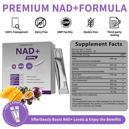 NAD+ Supplement Packets | 1000mg Liquid | Advanced Nicotinamide Riboside, Trans-Resveratrol, PQQ & Quercetin Complex for Cellular Energy & Healthy Aging Support - 2 Flavors (30 Count) USMIRALABBuy Supplements Australia