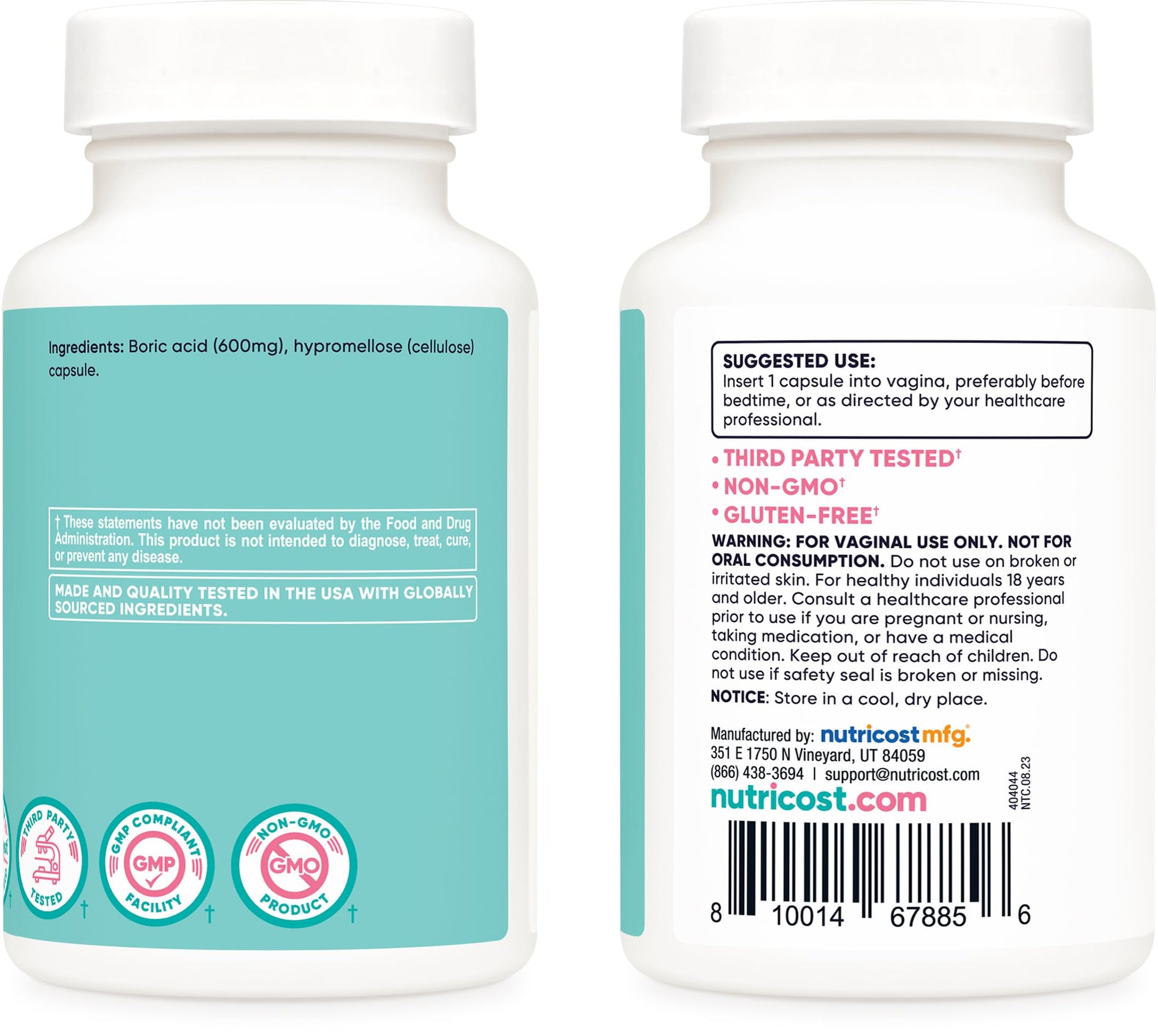 Nutricost Boric Acid 600mg, 60 Capsules - Vaginal Suppository - Non-GMO - for Women NutricostBuy Supplements Australia