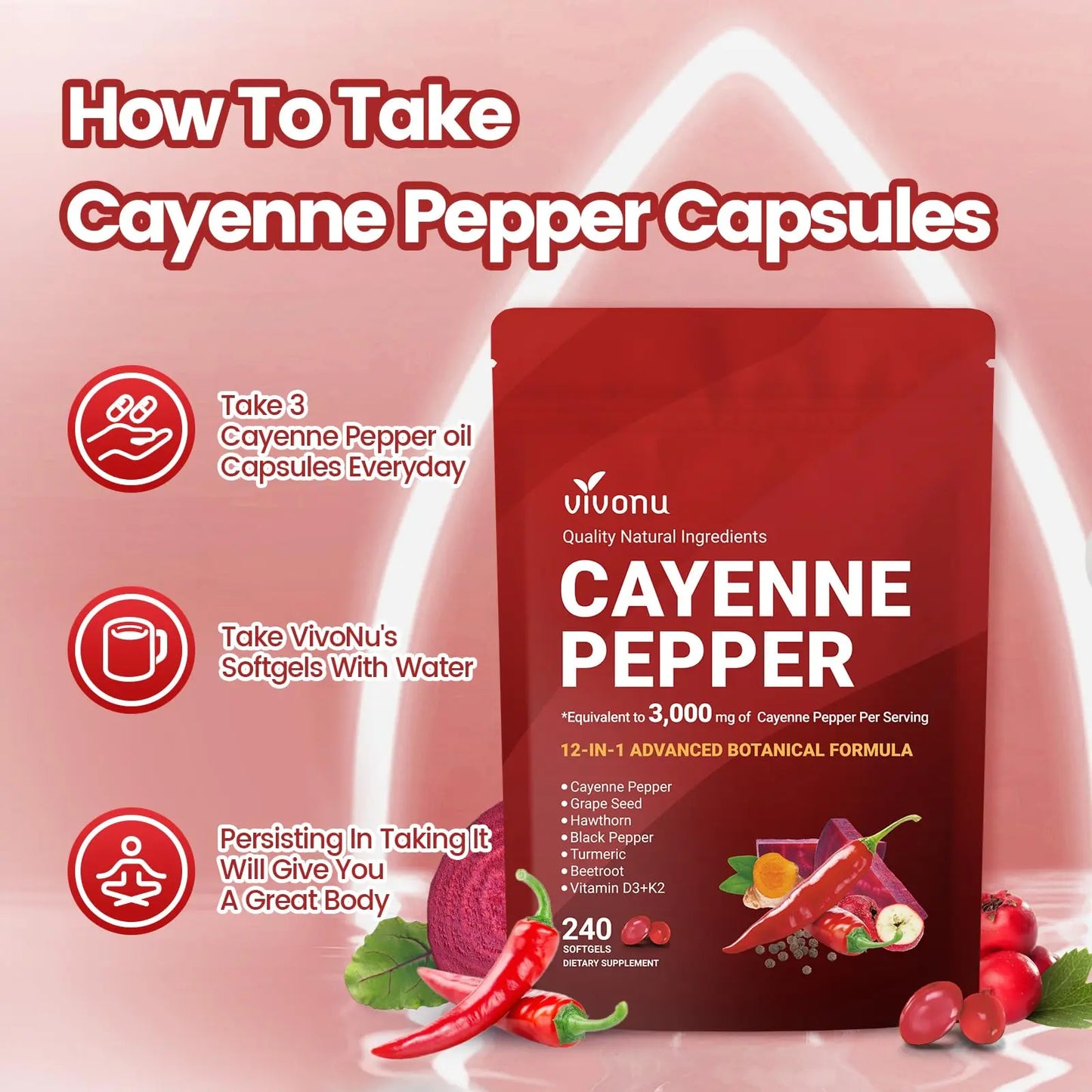VivoNu Cayenne Pepper Softgels Supplement, Supports Leg Vein, Heart and Blood Vessel Health, with Vitamin E D3+K2 and Extracts of Grape Seed, Hawthorn VivoNu canada supplements