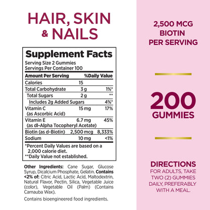 Nature's Bounty Optimal Solutions Hair, Skin and Nails Gummies with Biotin, 2500 mcg, Strawberry Flavored, 200 Count, 100 Total Servings Nature's BountyBuy Supplements Australia