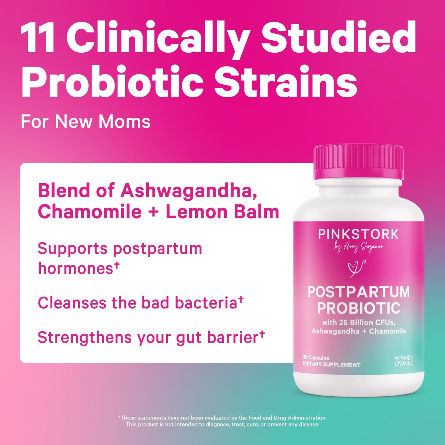 Pink Stork Probiotics for Postnatal Women - 30 Billion CFUS with Ashwagandha and Chamomile, Postpartum Essentials for Hormone Balance, Mood Support, Gut Health, Digestive Wellness, 30 Capsules Pink StorkBuy Supplements Australia