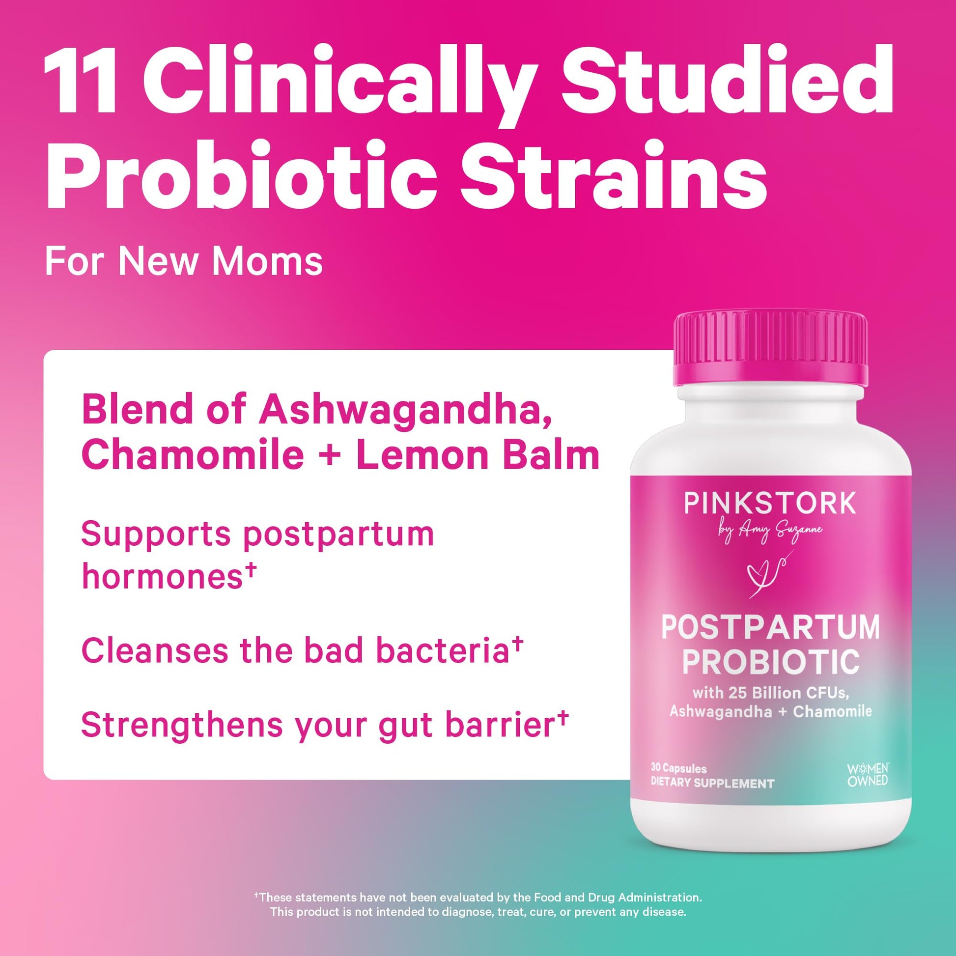 Pink Stork Probiotics for Postnatal Women - 30 Billion CFUS with Ashwagandha and Chamomile, Postpartum Essentials for Hormone Balance, Mood Support, Gut Health, Digestive Wellness, 30 Capsules Pink StorkBuy Supplements Australia