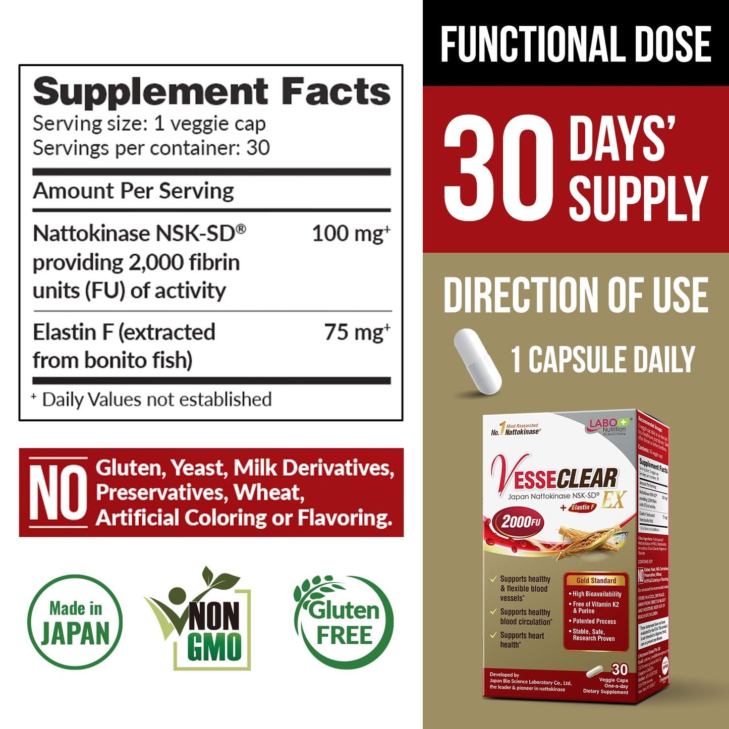 LABO Nutrition VesseCLEAR EX: Nattokinase NSK-SD+Elastin F for Clean & Flexible Blood Vessel. Japan's Most Research Proven, Functional Dose, Acid-Resistant/Delayed Release Capsules LABO Nutrition buy supplements Au