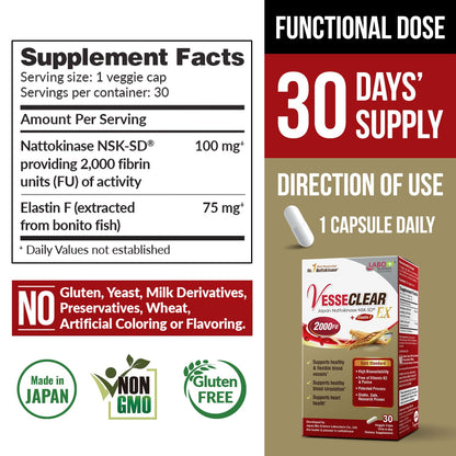 LABO Nutrition VesseCLEAR EX: Nattokinase NSK-SD+Elastin F for Clean & Flexible Blood Vessel. Japan's Most Research Proven, Functional Dose, Acid-Resistant/Delayed Release Capsules LABO Nutrition buy supplements Au