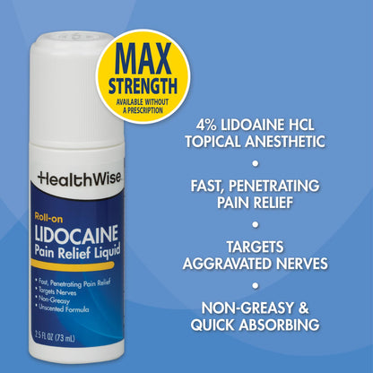 HealthWise 4% Lidocaine Roll-On | OTC Strength | Pain Relief Liquid | 2.5 oz. 73 mL | Non-Greasy, Unscented Formula | Topical Anesthetic HealthWise buy supplements Au