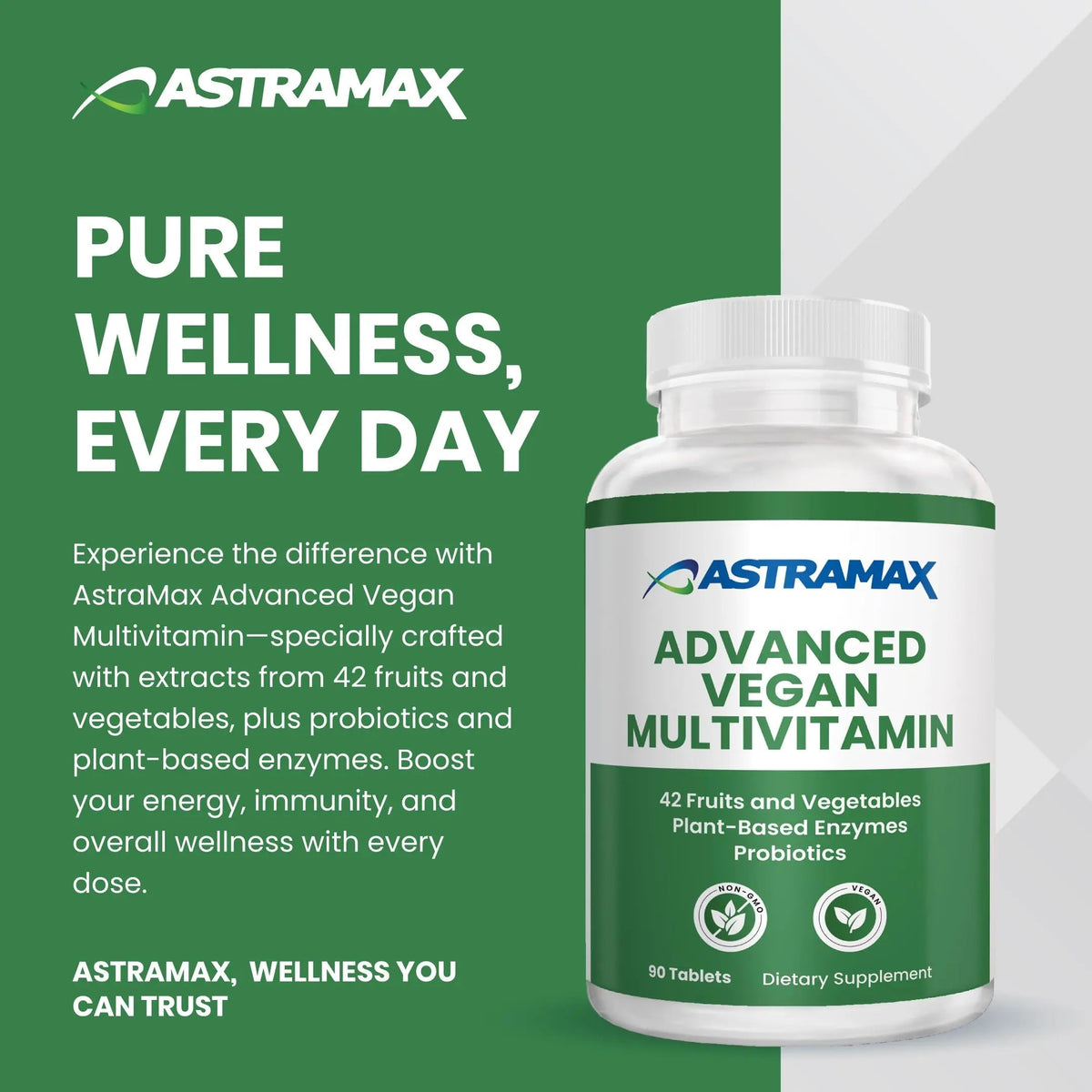 Astramax Advanced Vegan Multivitamin | Whole Food-Based Vitamin & Mineral Complex with 26 Nutrients, B12, D3, Probiotics & 42 Superfoods | Astramax