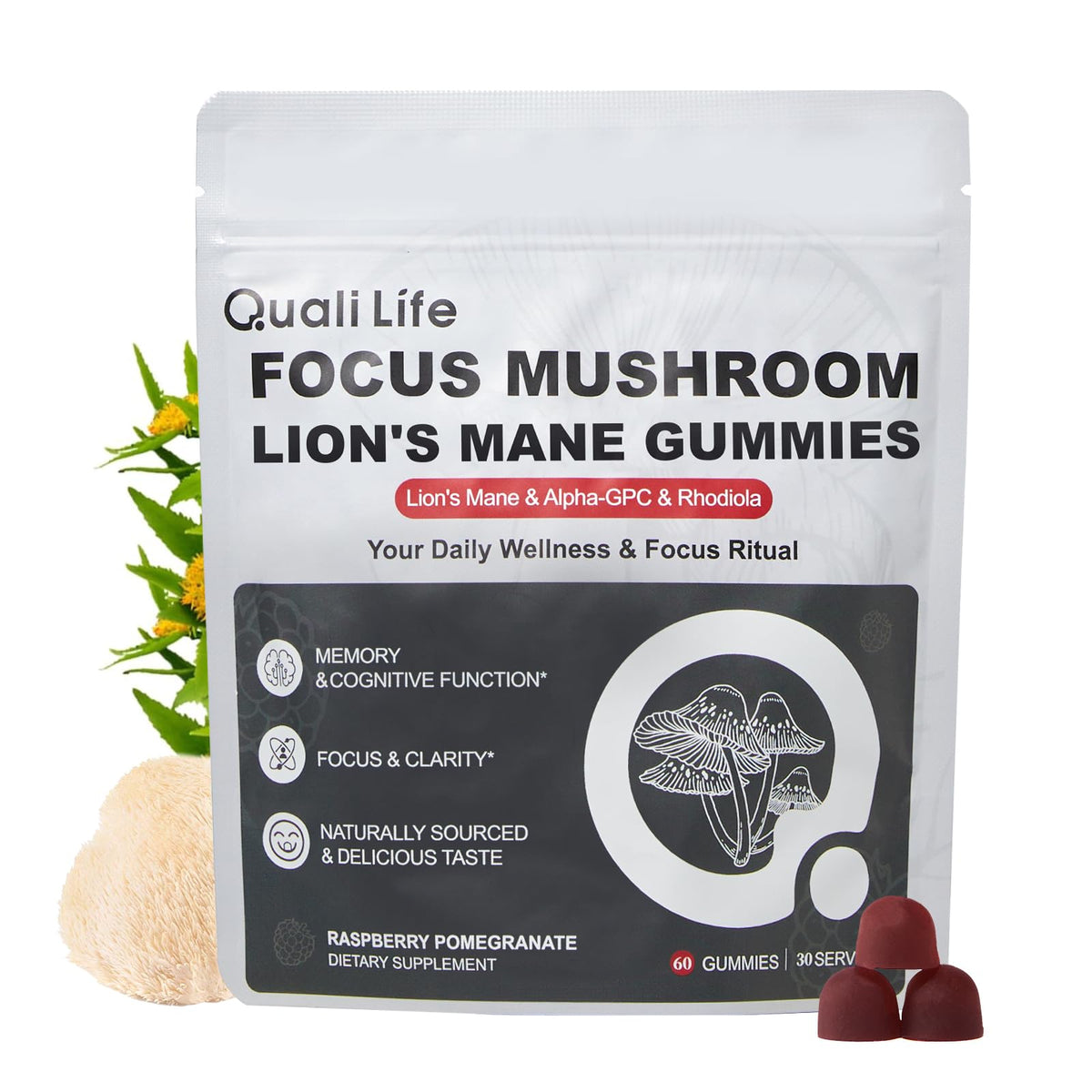Mushroom Gummies with Lion’s Mane - Alpha Brain Gummy for Focus & Memory - Nootropic Focus Gummies with Rhodiola & Alpha-GPC – Vegan Brain Supplement, Raspberry Pomegranate Flavor, 60 Count (1) QualiLifeBuy Supplements Australia