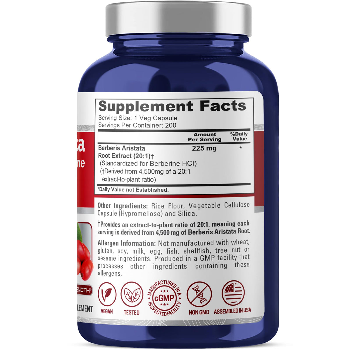 NusaPure Berberine HCI 20:1 Extract, 225 mg Equivalent to 4,500mg - 200 Veggie Caps - (Vegetarian, Non-GMO, Vegan) NusaPureBuy Supplements Australia