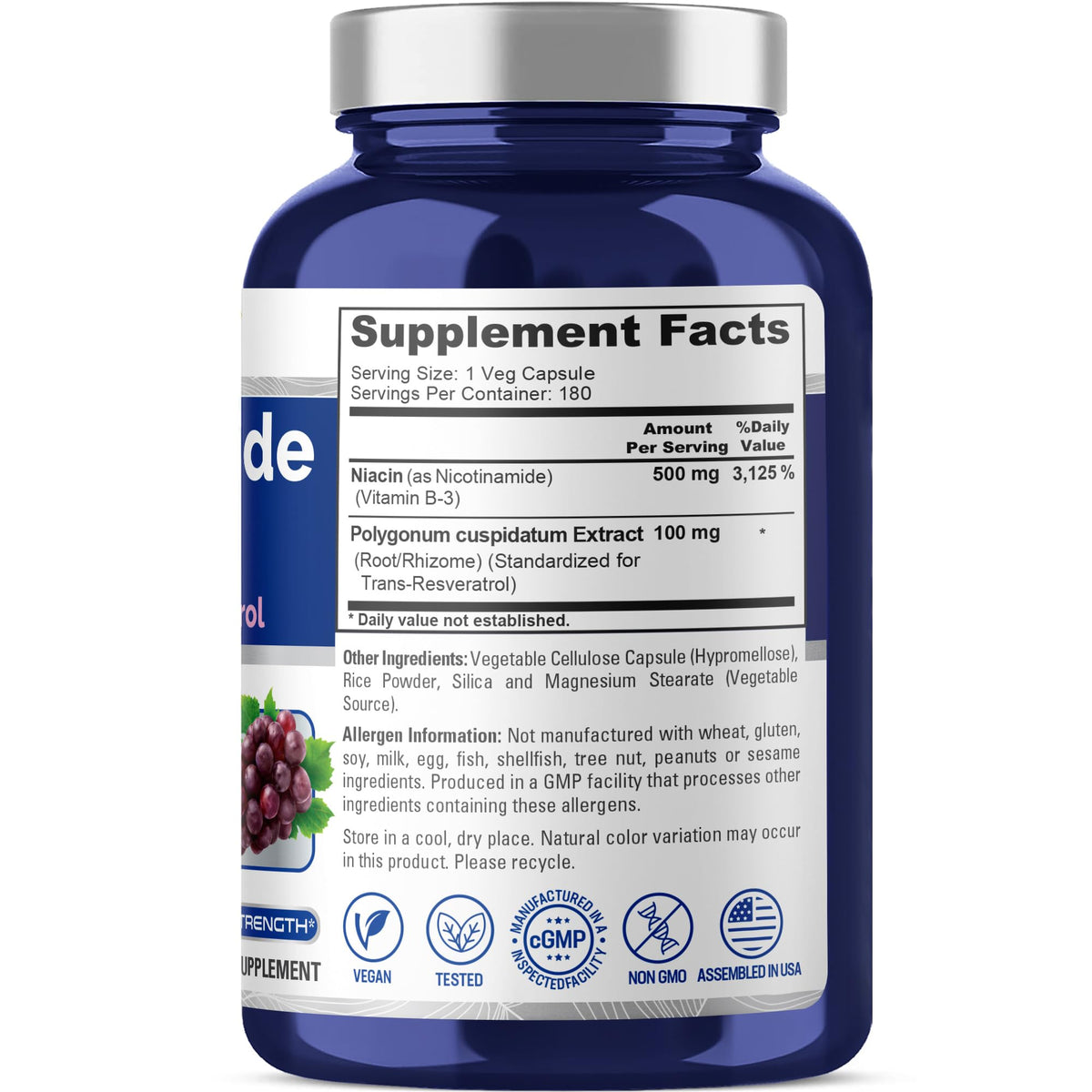 NusaPure Nicotinamide with Resveratrol (Vitamin B-3) 500 mg - 180 Vegetarian Caps (Non-GMO & Vegan) NusaPureBuy Supplements Australia