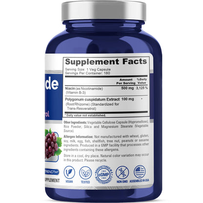 NusaPure Nicotinamide with Resveratrol (Vitamin B-3) 500 mg - 180 Vegetarian Caps (Non-GMO & Vegan) NusaPureBuy Supplements Australia