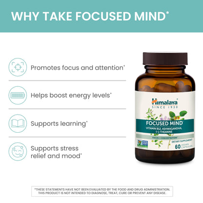 Himalaya Focused Mind Supplement, with Ashwagandha, Bacopa & L-Theanine for Attention, Focus and Energy Support, 60 Vegan Capsules, Gluten Free, 1 Month Supply HimalayaBuy Supplements Australia