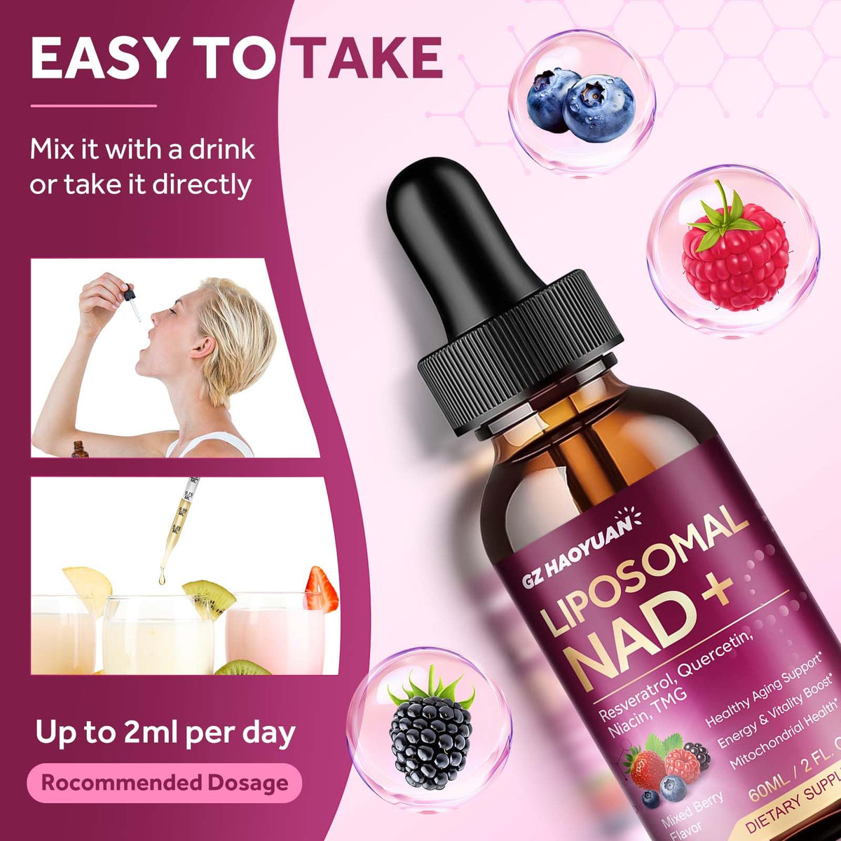 Liposomal NAD Supplement - 1200mg NAD+ Liquid Drops for Women & Men with Nicotinamide, Resveratrol, Quercetin, TMG, Black Pepper Extract - Brain & Cellular Mitochondrial Health, Anti-Aging, Longevity GZ HAOYUANBuy Supplements Australia