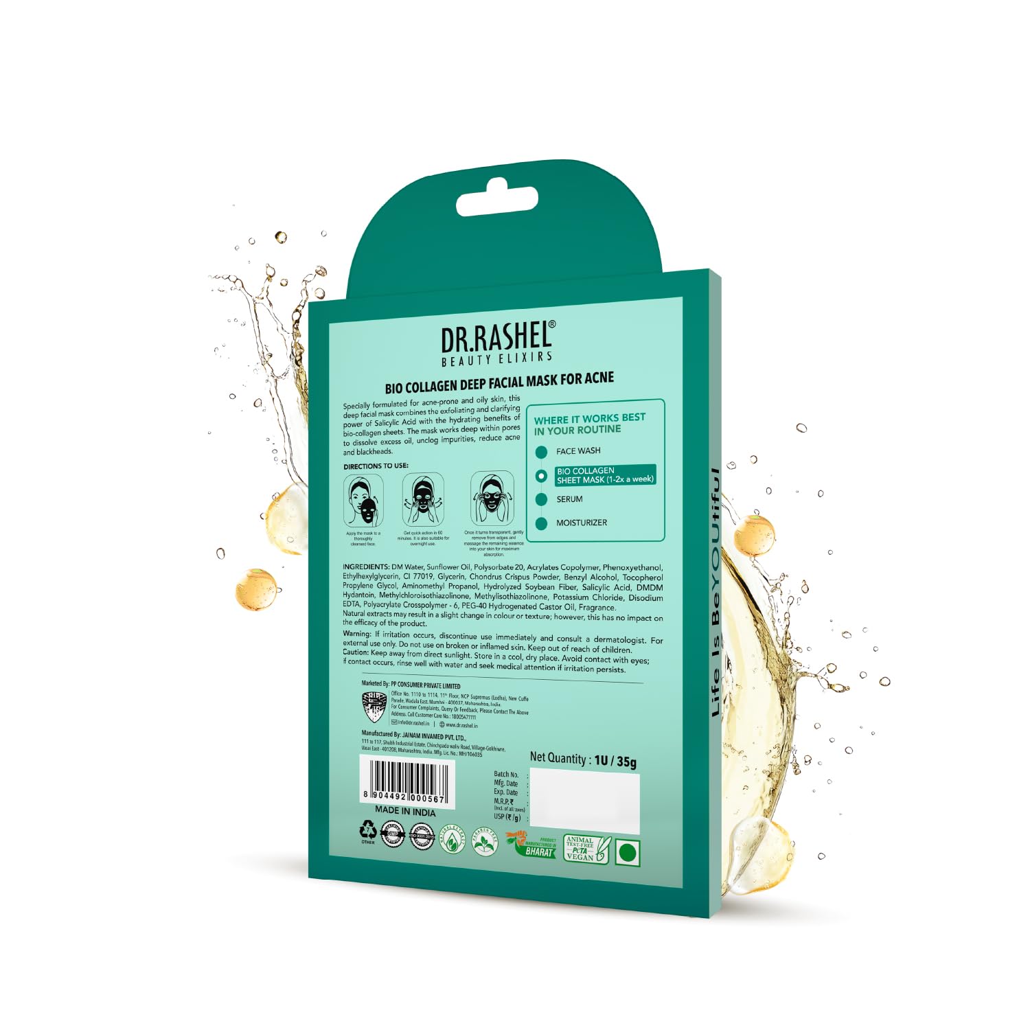 DR.RASHEL 100% Vegan Bio Collagen Deep Facial Mask Pro Boost Series | Acne Treatment & Oil Control | Quick Action 60 Minutes | 35 g / 1.23 oz DR.RASHEL buy supplements Au