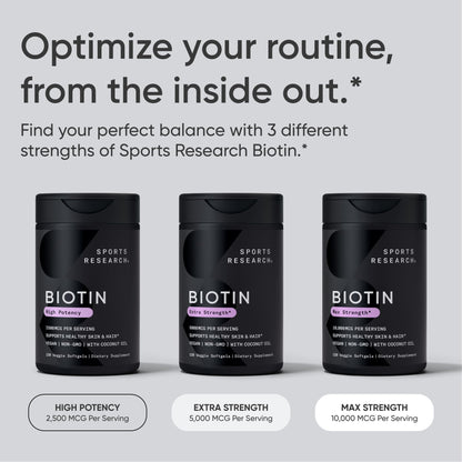 Sports Research® Biotin 10,000mcg with Organic Coconut Oil - Biotin (Vitamin B7) for Healthy Skin and Hair Support* - for Women and Men - Vegan, Non-GMO