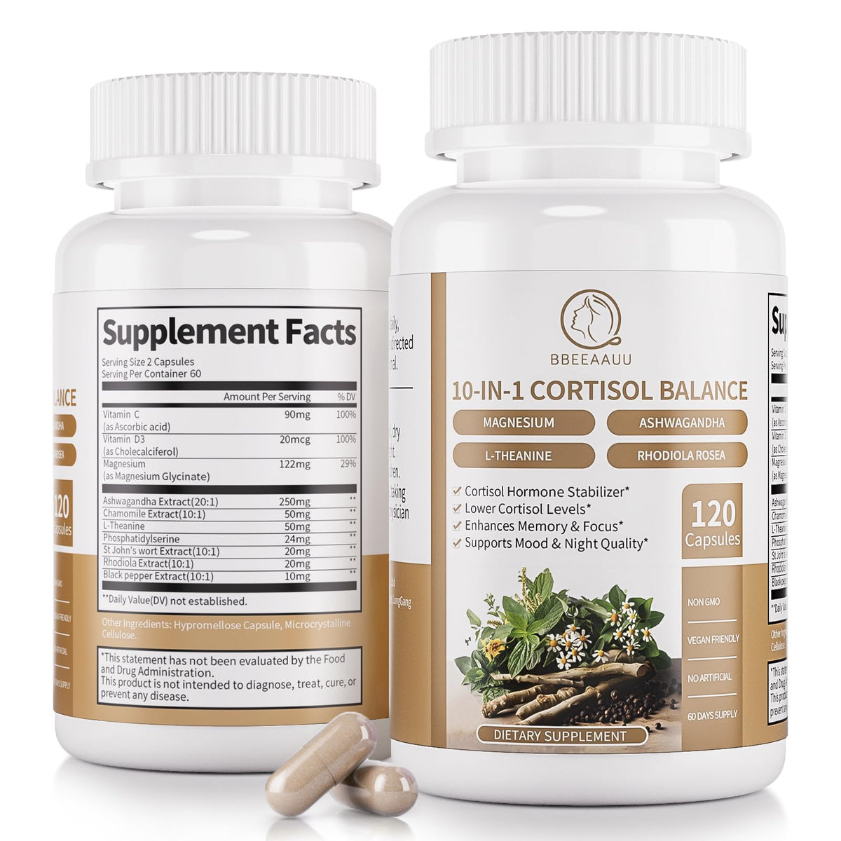BBEEAAUU Cortisol Supplements for Women & Men - 10-in-1 Cortisol Reducer Manager Detox with Ashwagandha, Magnesium - Lower High Cortisol Levels, Relaxation & Night Support, Non-GMO, 120 Capsules BBEEAAUUBuy Supplements Australia