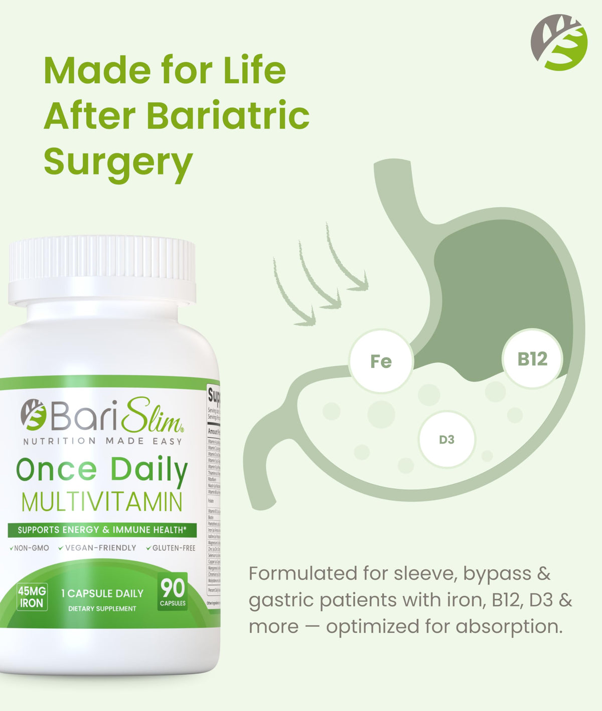 BariSlim Once Daily Bariatric Multivitamin Capsule - 45mg of Iron - Bariatric Vitamin & Supplement for Post Bariatric Surgery Including Gastric Bypass & Gastric Sleeve | 90 Day Supply BariSlim buy supplements Au