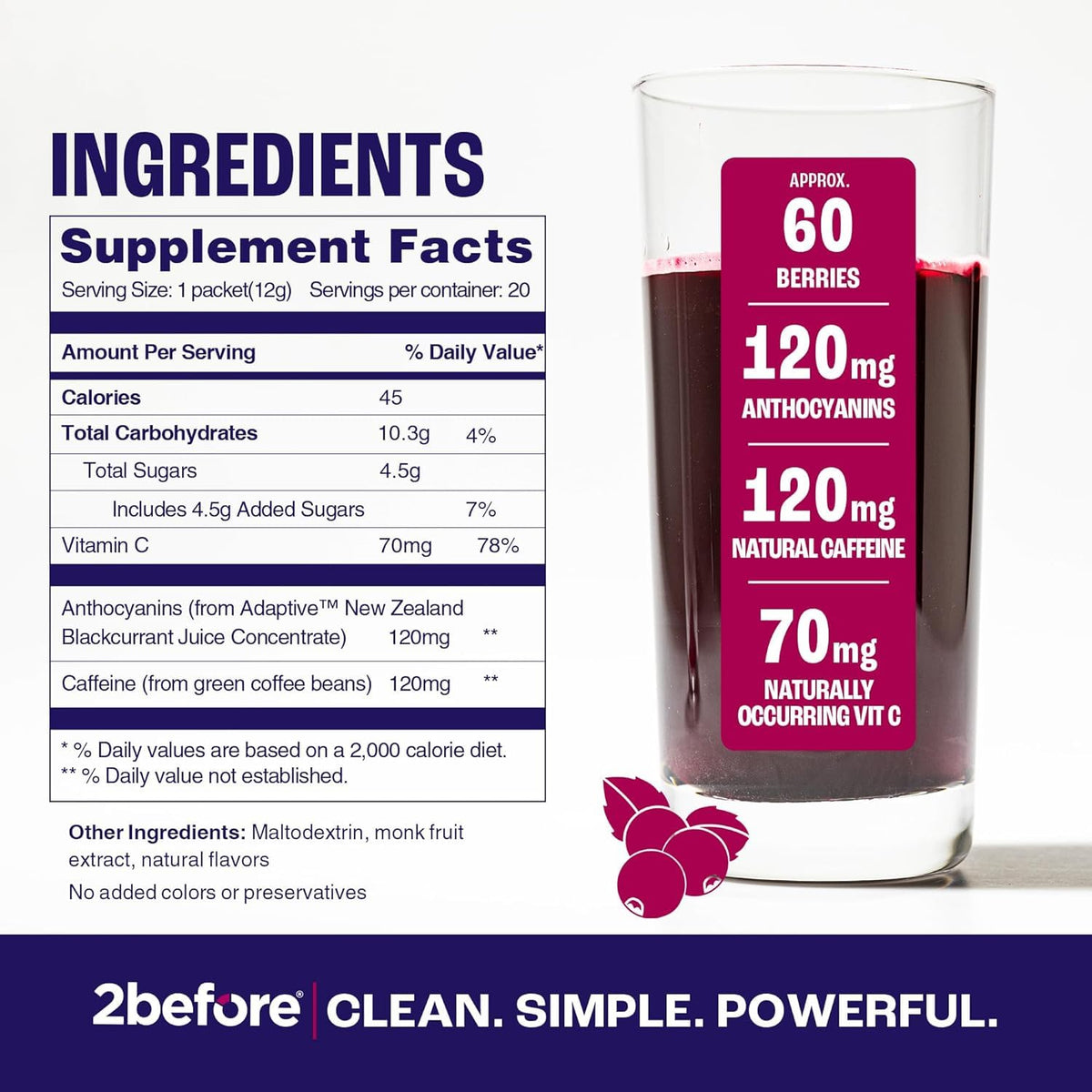 2before All Natural Vegan Pre Workout, with 120mg Caffeine I Clean Energy, Endurance, Recovery I Pre Workout Women and Men I 20 x Individual Packets I Informed Sports Certified I Blackcurrant