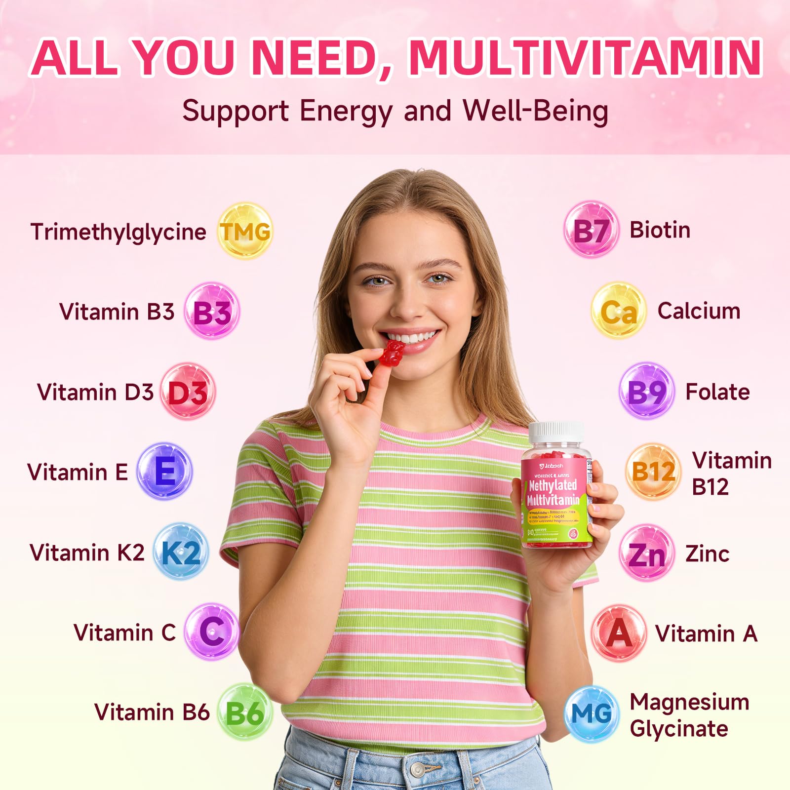 Methylated Vitamin B Complex Gummies for Women & Men, Multivitanins Gummy with Vitamin A, C ,E, Methylfolate & B12, TMG, Calcium, D3 K2 JabsahBuy Supplements Australia
