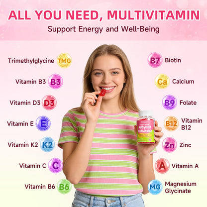 Methylated Vitamin B Complex Gummies for Women & Men, Multivitanins Gummy with Vitamin A, C ,E, Methylfolate & B12, TMG, Calcium, D3 K2 JabsahBuy Supplements Australia