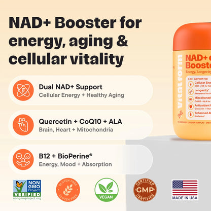 VitalForm NAD+ Supplement with NMN & Nicotinamide Riboside (NR) – Advanced Cellular Energy & Healthy Aging Complex – with Resveratrol, CoQ10, Quercetin & BioPerine – 60 Vegan Capsules VitalFormBuy Supplements Australia