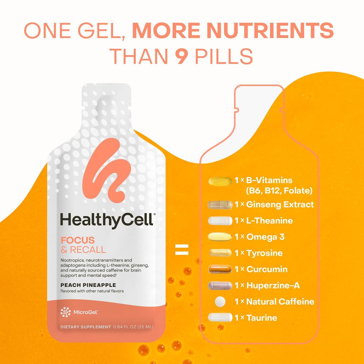 Healthycell Focus & Recall, Daily Liquid Brain Supplement for Focus & Memory - Nootropics Supplement for Concentration & Alertness with L-Theanine, Omega-3 & Taurine - 14 Gel Packs HealthycellBuy Supplements Australia